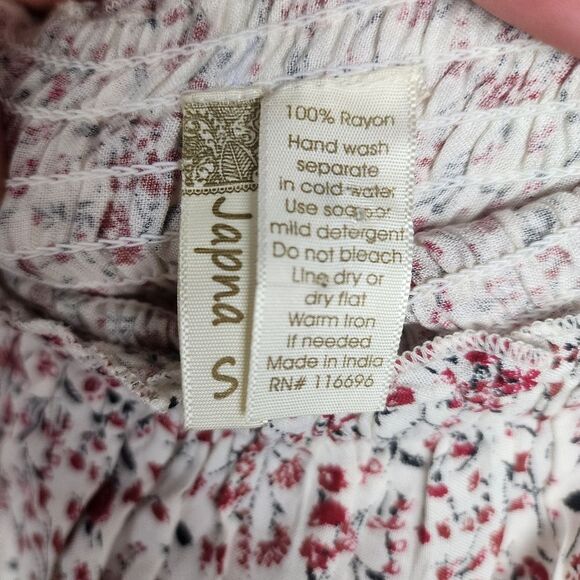 Japna Strapless Wide Leg Jumpsuit Ruffles Cream Red Floral Flare Smocked Size S - Picture 2 of 13